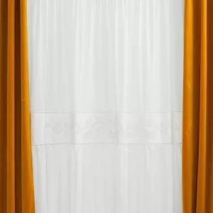 Perdea pentru dormitor/living cu bandă decorativă din in și dantelă brodată