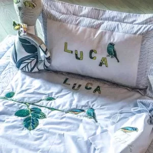 Set de pat pentru copii, albastru cu păsări brodate