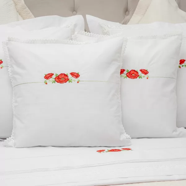 Lenjerie de pat albă cu dantelă și broderie maci - imagine 6
