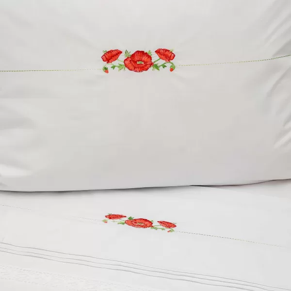 Lenjerie de pat albă cu dantelă și broderie maci - imagine 7